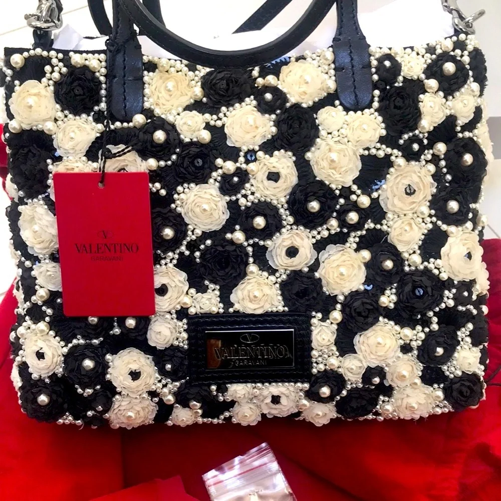 VALENTINO GARAVANI Tote Flowers Silk Faux Pearls - Picture 1 of 6